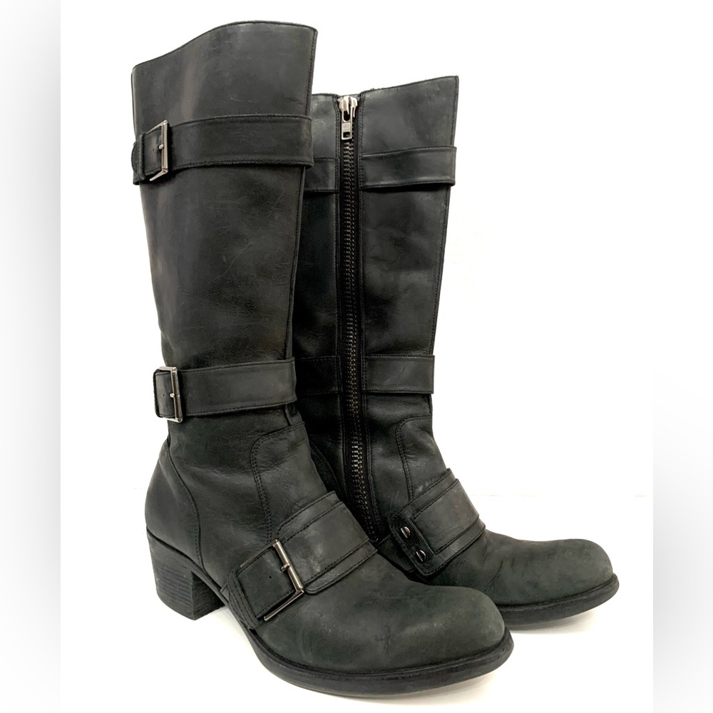G Series Women's Black Leather Side Zip Biker Boots - Size US 7.5 B